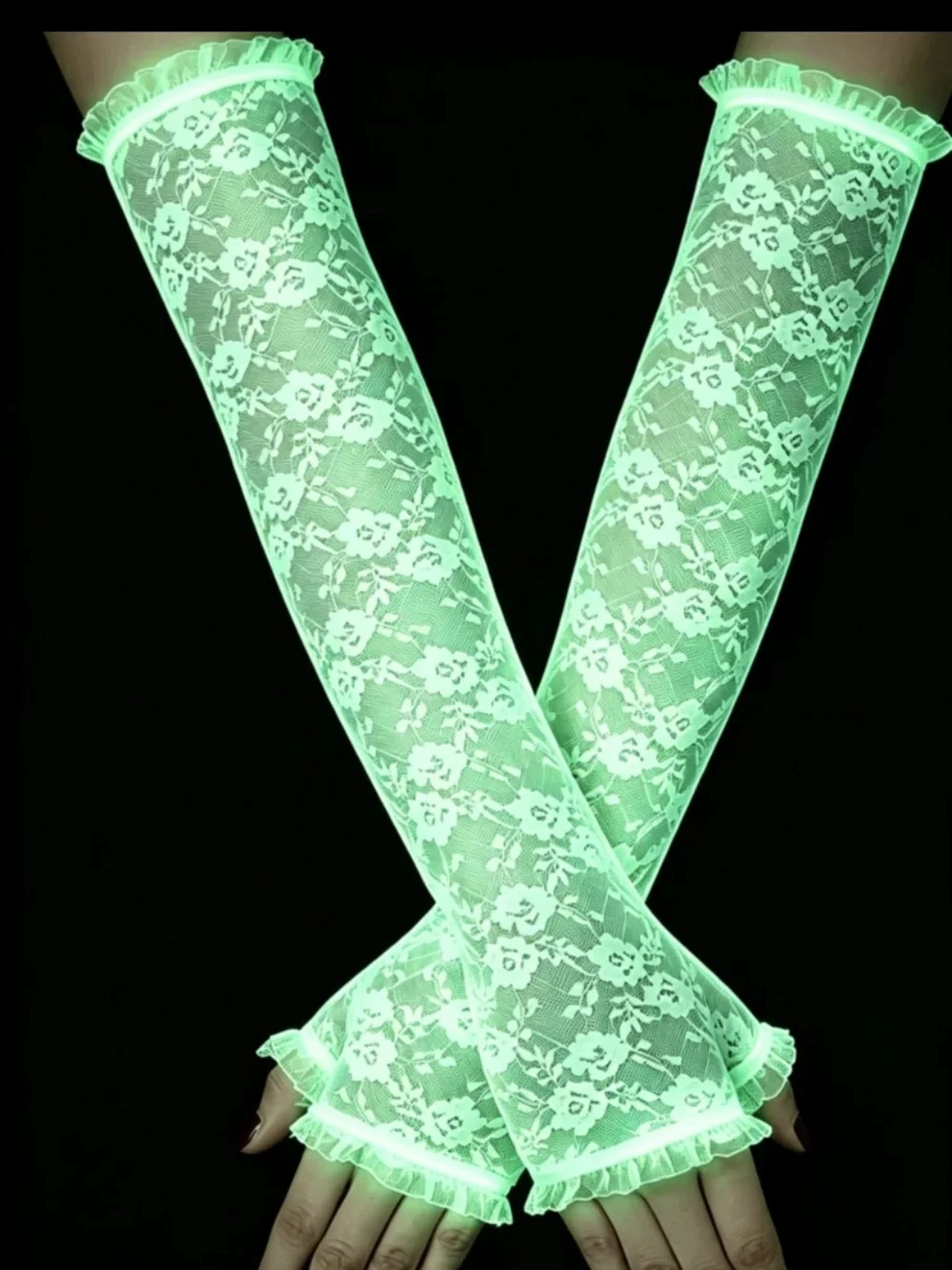 Glow in the dark floral Lace Fingerless Arm Gloves in white